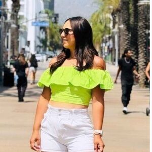 Women’s XXL "A New Day" Ruffled Crop Top, Off the Shoulder, Lime Green XXL